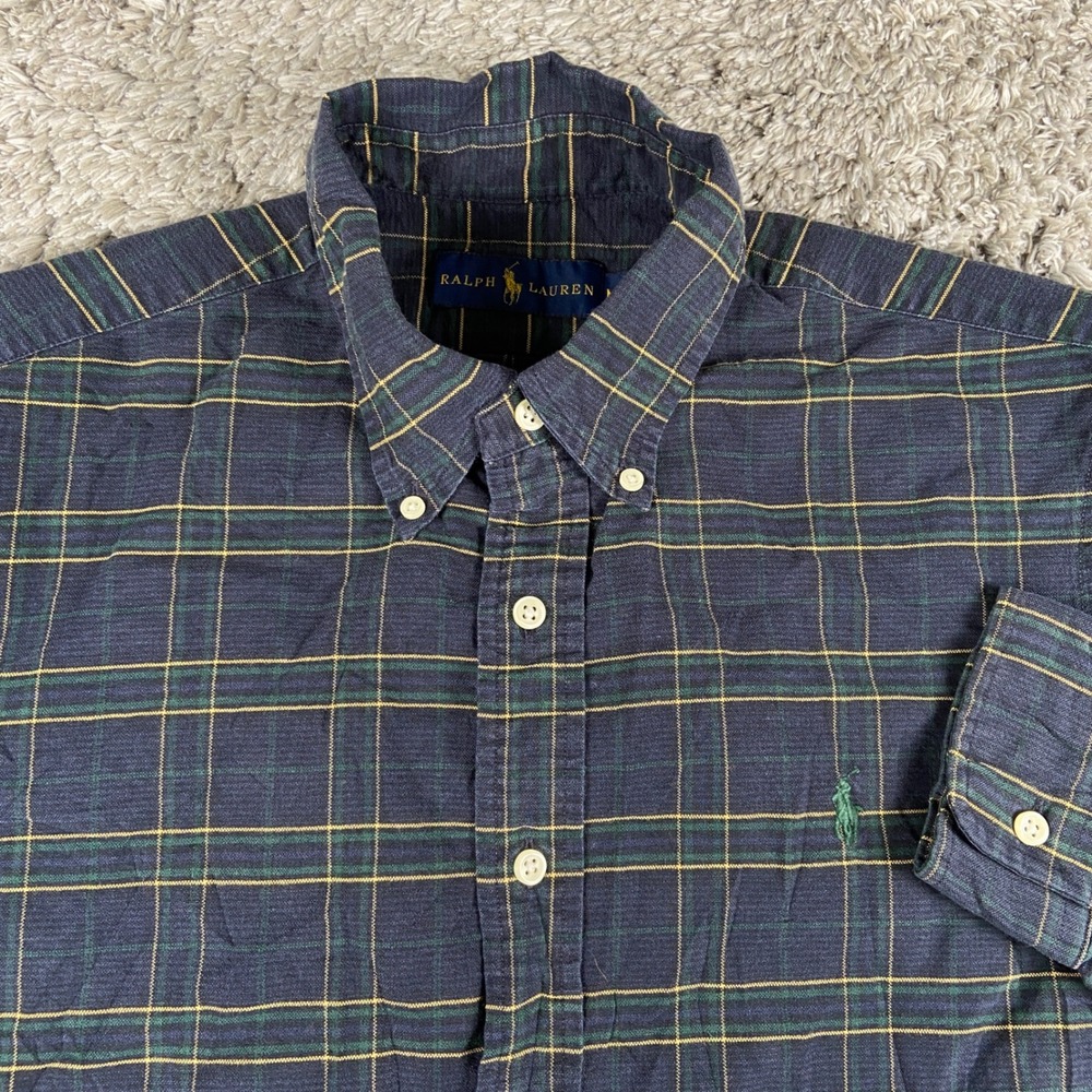 Ralph Lauren Button Down Shirt Mens M Blue Green Plaid Long Sleeve Classic Polo